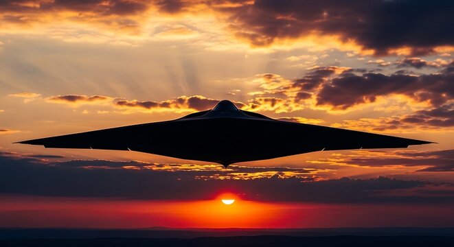 Sleek silhouette of an advanced aerial vehicle against a dramatic sunset, embodying the cutting-edge of aerospace design and future flight innovation