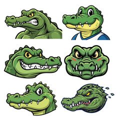 Naklejka premium Vector Cartoon Crocodile and Alligator Mascot Character Head Set
