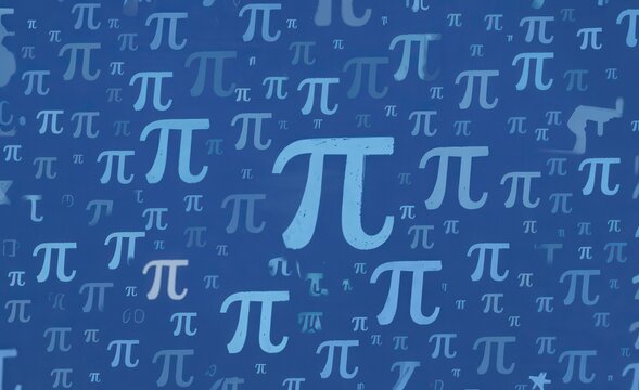 Background pattern of the mathematical constant pi symbol in various sizes and opacities on blue