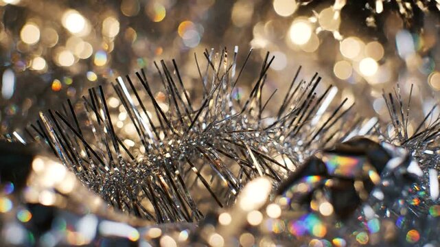 Sparkling metallic tinsel with shimmering reflections in a festive setting