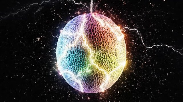 A sphere with a patterned surface is struck by lightning, set against a dark background