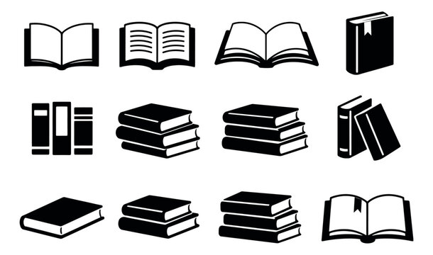 Minimalist book icon set featuring open and closed books, stacked piles, and spines for education and reading