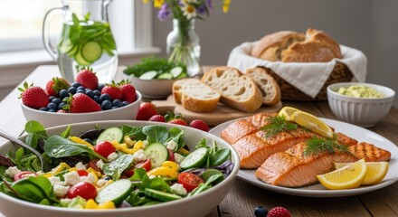 Healthy food arrangement on wooden table with salad salmon and bread
