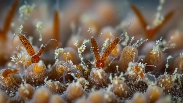 Close-up of a colony of tiny, translucent sea creatures with orange and white bodies, resembling miniature anemones or polyps, swaying gently underwater.