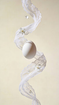 White easter egg floating in swirling lace ribbon with delicate white flowers. Ethereal spring pascha symbol for holiday celebrations and seasonal decorations in easter themes. portrait format