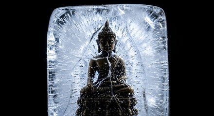 Buddha Statue Trapped in Ice Cube on Black Background