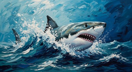 Naklejka premium Expressive oil painting shark emerging through textured impasto ocean canvas.
