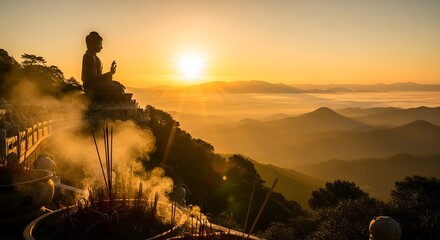 Buddha statue meditating at sunrise over misty mountains with golden light and serene atmosphere