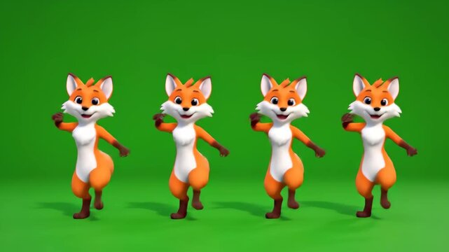 Cute cartoon foxes dancing in a line on a green screen background for animation or childrens content