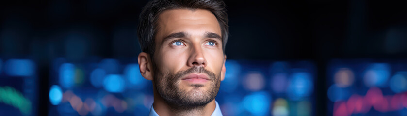 Focused entrepreneur gazes thoughtfully, surrounded by digital screens displaying financial data and graphs, reflecting determination and ambition in modern workspace
