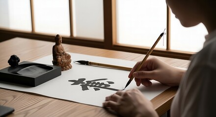 Artist's Hands Writing Traditional Chinese Characters with Brush and Ink, Zen Buddha Statue & Calligraphy Tools