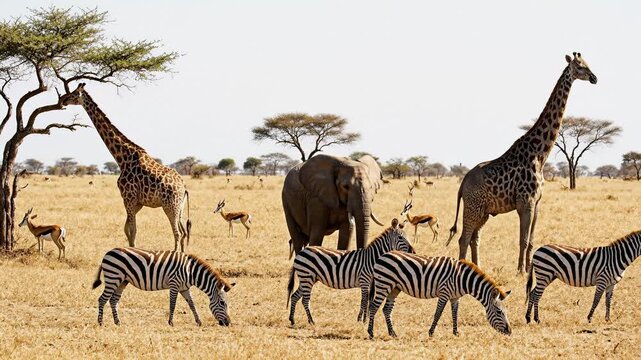 Diverse African Wildlife Including Giraffes Zebras and Elephant Grazing in Dry Savannah