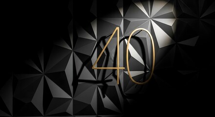Golden Number 40 Lit with Spotlight on Dark Geometric Textured Background, Elegant Celebration or Milestone