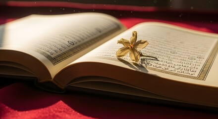 An open Quran with a dried flower placed on its pages, bathed in soft sunlight.
