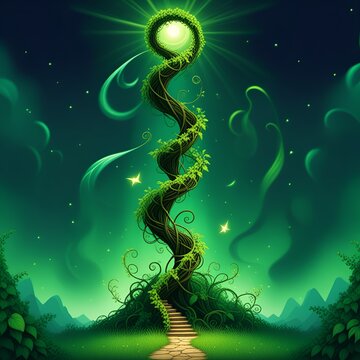 Climb the vibrant beanstalk to reach the magical glowing light, an enchanting mystical adventure awaits in this whimsical fantasy landscape