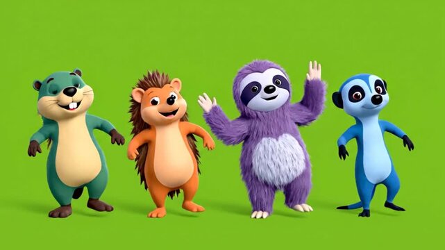 Four cute cartoon animals, including a gopher, hedgehog, sloth, and meerkat, dance joyfully together in sync against a vibrant green screen background
