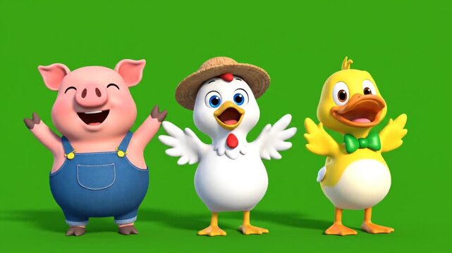 Cute animated farm animals including pig chicken and duck dancing and playing on green screen background for educational content and children's entertainment