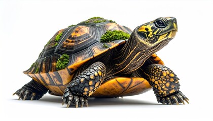 Obraz premium Detailed portrait of a colorful turtle on white background.