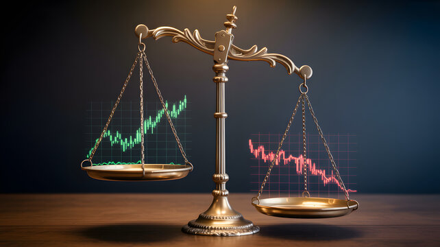 A brass balance scale with green and red stock market graphs on a wooden table in a dark room with a spotlight shining down