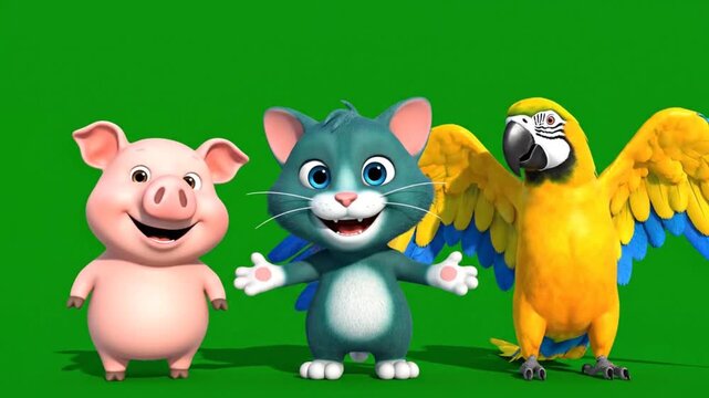 Animated cartoon pig cat and parrot characters standing on green screen background with slight movements for animation footage clip