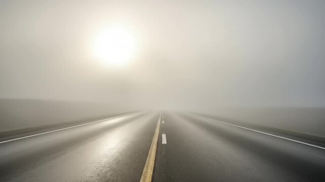 Driving through thick fog on a highway with the sun barely visible.
