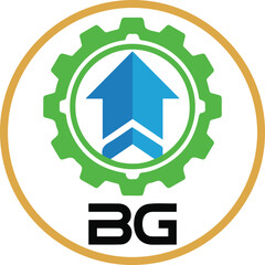 Circular vector logo design featuring a blue upward arrow inside a green gear wheel, with the letters BG, symbolizing industrial growth or technical progress.