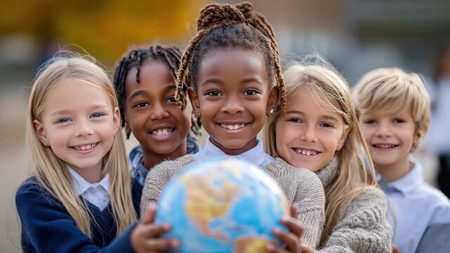 Children of the World Unite: A group of diverse children beams with radiant smiles, united in their shared bond, as they tenderly hold a globe, symbolizing unity and harmony.