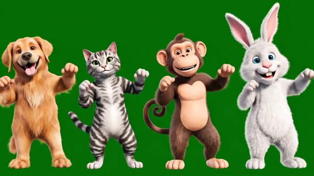 Animated cartoon dog cat monkey and rabbit dancing and waving happily on green screen chroma key background for animation and video editing