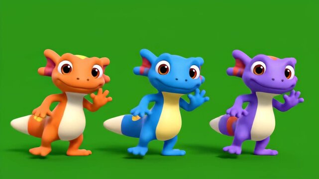 Three cute colorful cartoon salamanders standing on green screen background animation friendly and playful characters animated rendered reptiles
