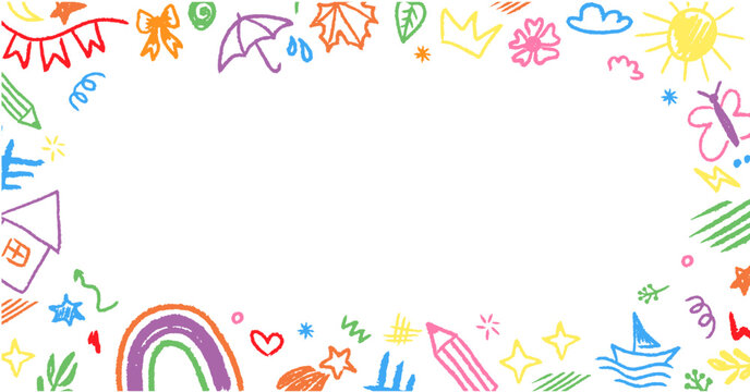 Hand drawn crayon doodle frame inspired by kindergarten art. Bright frame box for children projects and creative layouts.
