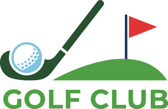 Vector logo illustration featuring a golf club striking a ball next to a green hill with a red flag, accompanied by the text "GOLF CLUB."