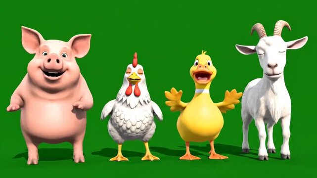 Four cartoon farm animals including pig chicken duck and goat moving and dancing on green screen background for video editing footage