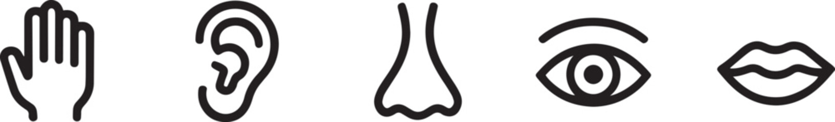 Set of five human sense organ icons including hand touch nose eye ear and mouth lips