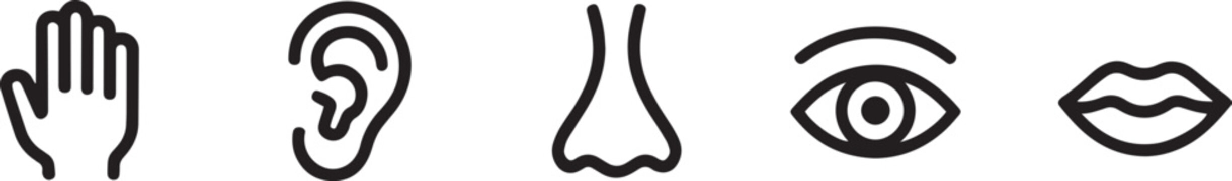Set of five human sense organ icons including hand touch nose eye ear and mouth lips