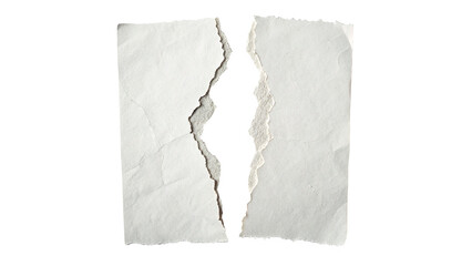 Two pieces of white paper torn and separated in the center, with clear jagged edges isolated on transparent background