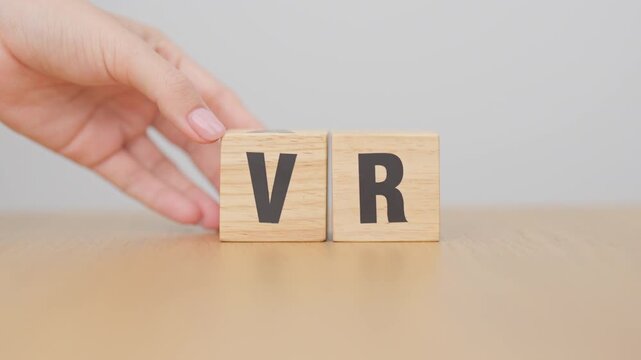 hand change wooden block from VR to AR, VIRTUAL and AUGMENTED REALITY, MR, Mixed Reality, XR, Extended, Metaverse and Immersive Technology concept