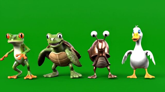 Four cartoon animals a frog a turtle a snail and a duck moving and dancing together on green screen background