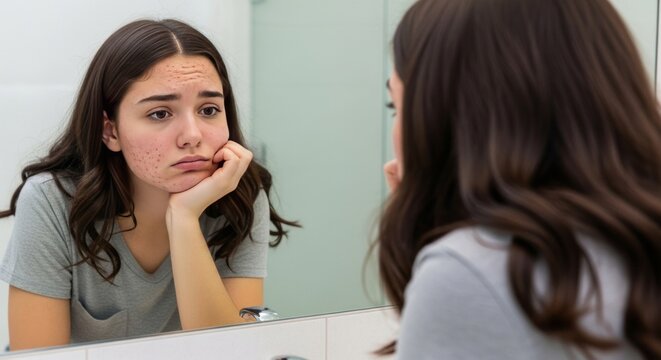 Teenager with acne stares dejectedly at herself in the mirror.