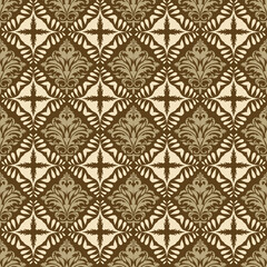 Elegant seamless damask pattern with classic floral ornament in brown and beige tones. Vintage luxury background suitable for wallpaper, textile, fabric, wrapping paper, and interior design.
