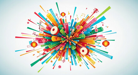 Vibrant colorful explosion of abstract shapes and lines on white background conveying energy and creativity