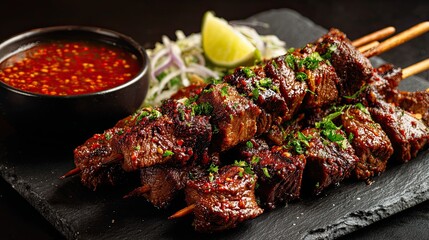 Grilled skewers of meat, garnished with herbs, served with a spicy dipping sauce and lime, showcasing a delicious culinary presentation.