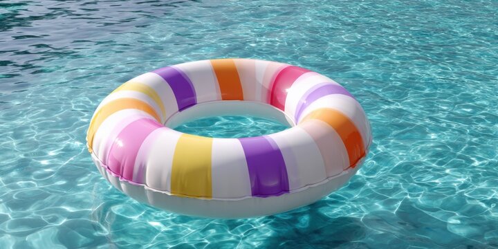 Colorful inflatable swimming ring floating on crystal clear water, top view, 3d render, summer vacation concept 