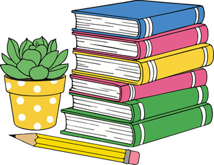 Stack of Colorful Books with Pencil and Plant Illustration