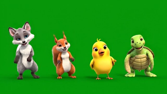 Cute animated cartoon animals dancing and playing together on a vibrant green screen background, showcasing joyful movement and playful interaction ideal for children's content