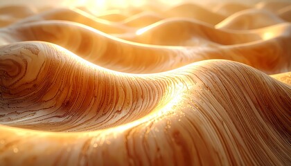 Luxurious Abstract Flowing Wooden Waves Background. Organic Wood Grain Texture with Warm Golden Sunlight and Elegant Curves.