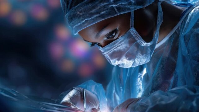 Focused Precision: A surgeon's unwavering concentration is evident as she meticulously performs a surgical procedure, her face illuminated in the operating room.