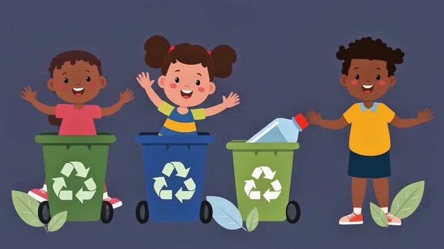 Diverse kids promoting recycling for environmental education and awareness campaigns, ideal for eco-friendly marketing and sustainability presentations