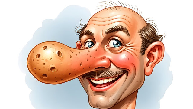 A humorous caricature of a man with a very long and large nose that looks exactly like a potato