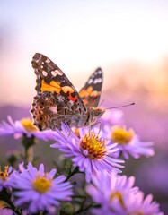 Butterfly alights on delicate lavender flowers with sunset glow