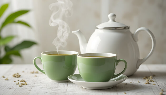 Pouring green tea Oolong in a cup. Healthy chinese tea rich in antioxidants